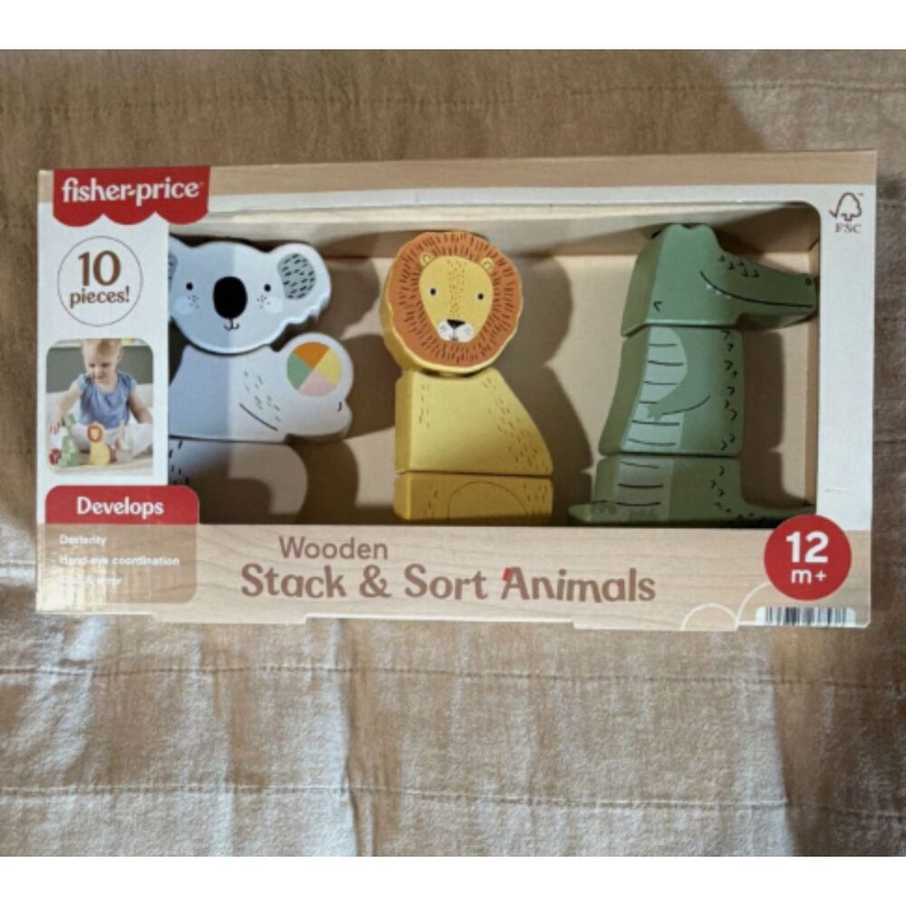 Fisher-Price Wooden Stack & Sort Animals Stacking Toy 10-Piece Set 12M+ NIB